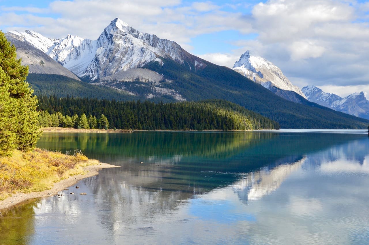 A lake and mountain in Jasper National Park, Canada.